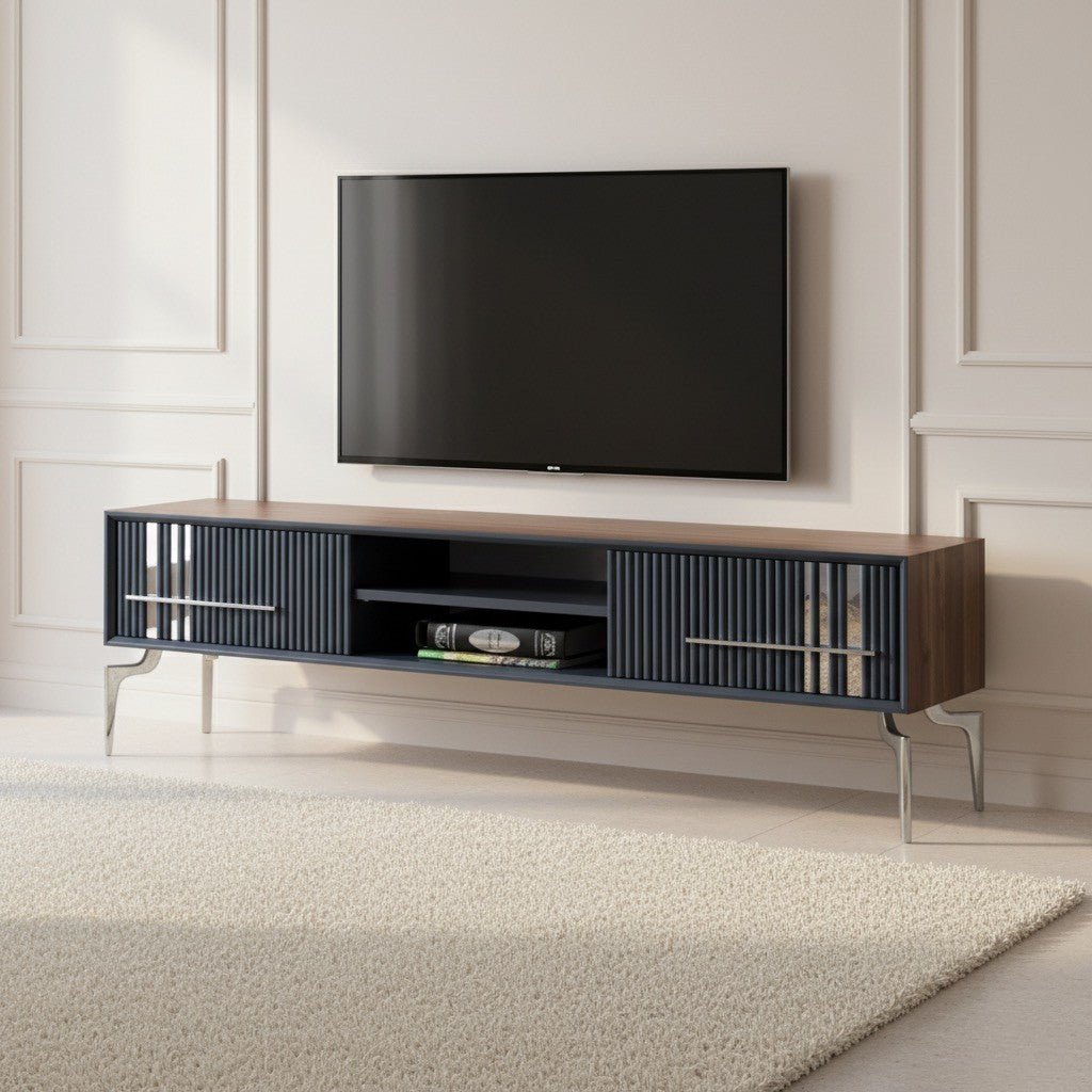 Lincoln Wooden Tv Unit Grey 200cm. Wide, contemporary media console featuring a walnut top and base, grey cabinet fronts with vertical ribbed texture and mirrored accents, silver linear handles, an open center shelf, and supported by angled chrome metal legs.