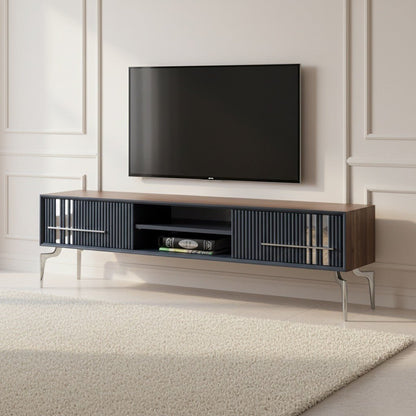 Lincoln Wooden Tv Unit Grey 200cm. Wide, contemporary media console featuring a walnut top and base, grey cabinet fronts with vertical ribbed texture and mirrored accents, silver linear handles, an open center shelf, and supported by angled chrome metal legs.