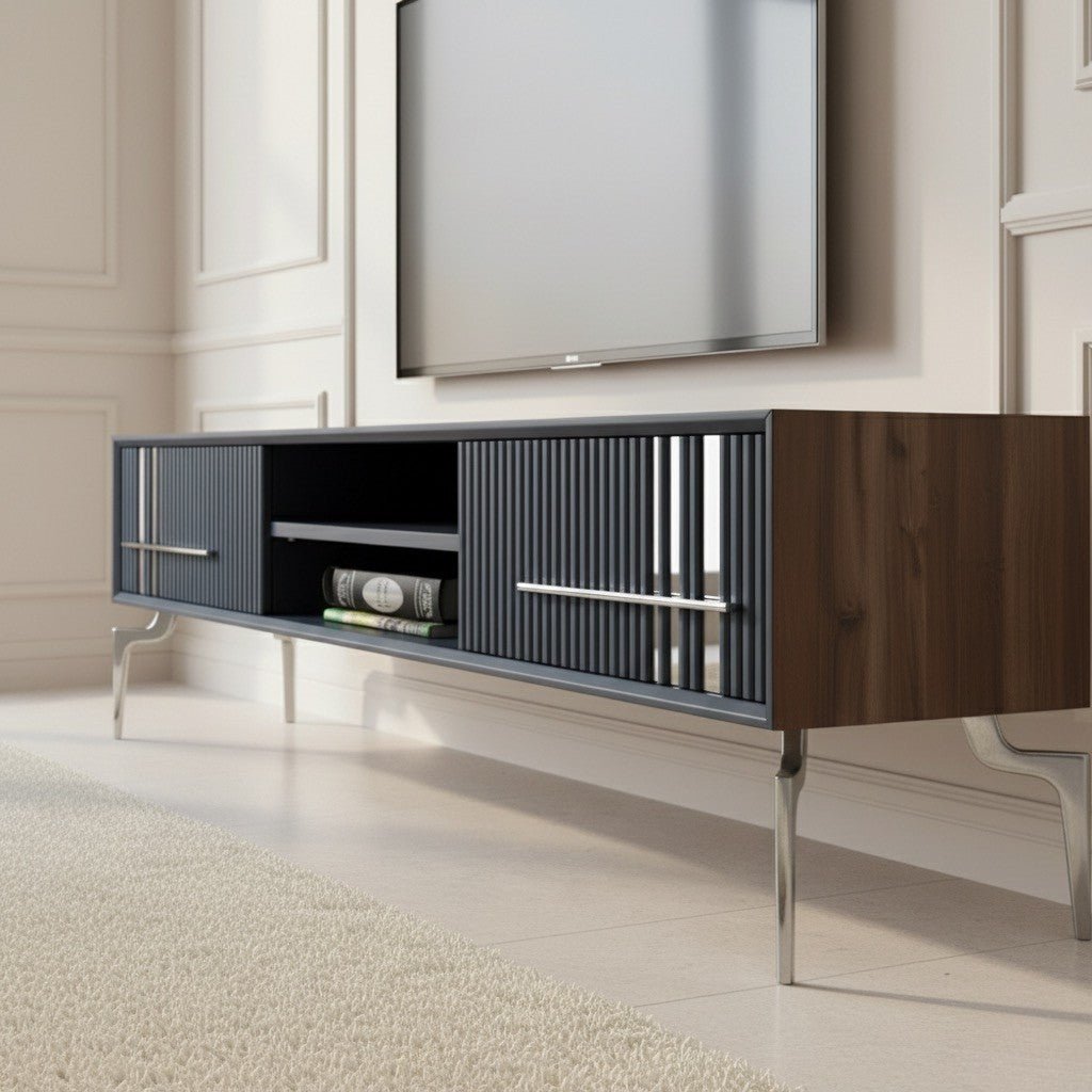 Lincoln Wooden Tv Unit Grey 200cm. Close-up, low-angle shot of the dark walnut and grey media console, highlighting the vertical ribbed texture on the sliding cabinet doors, the long silver pull handles, and the angled chrome metal legs.