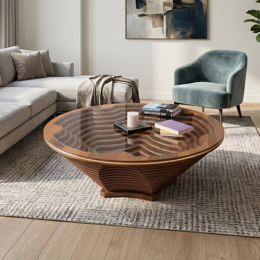A round wooden coffee table with a wavy, fluted carved base and a clear glass top, styled in a modern living room setting.