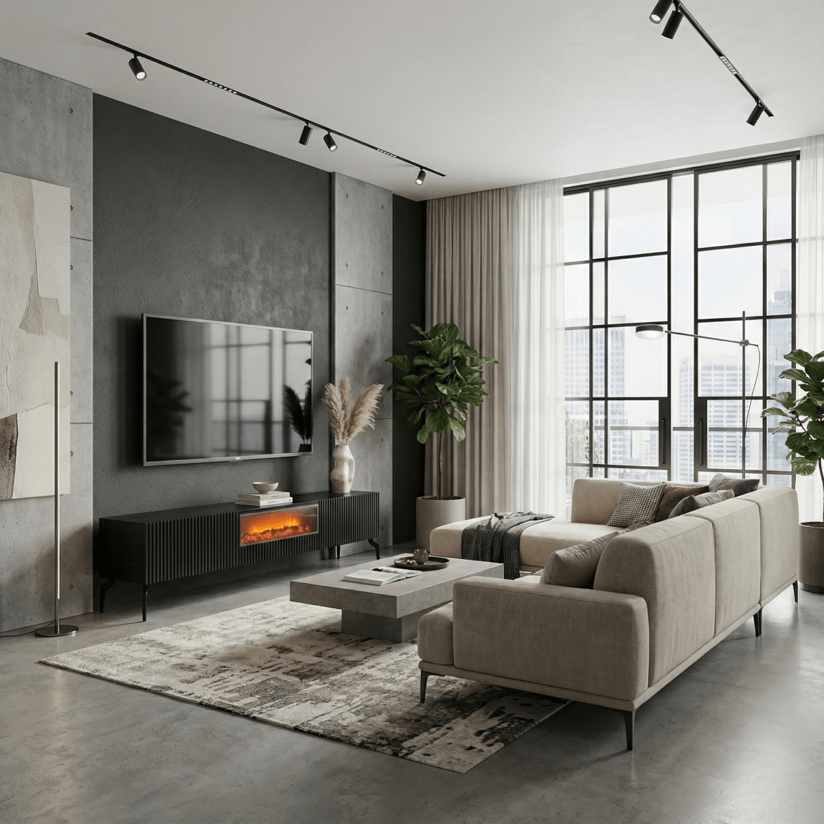 Modern living room with a sofa, tv stand, coffee table, and television.
