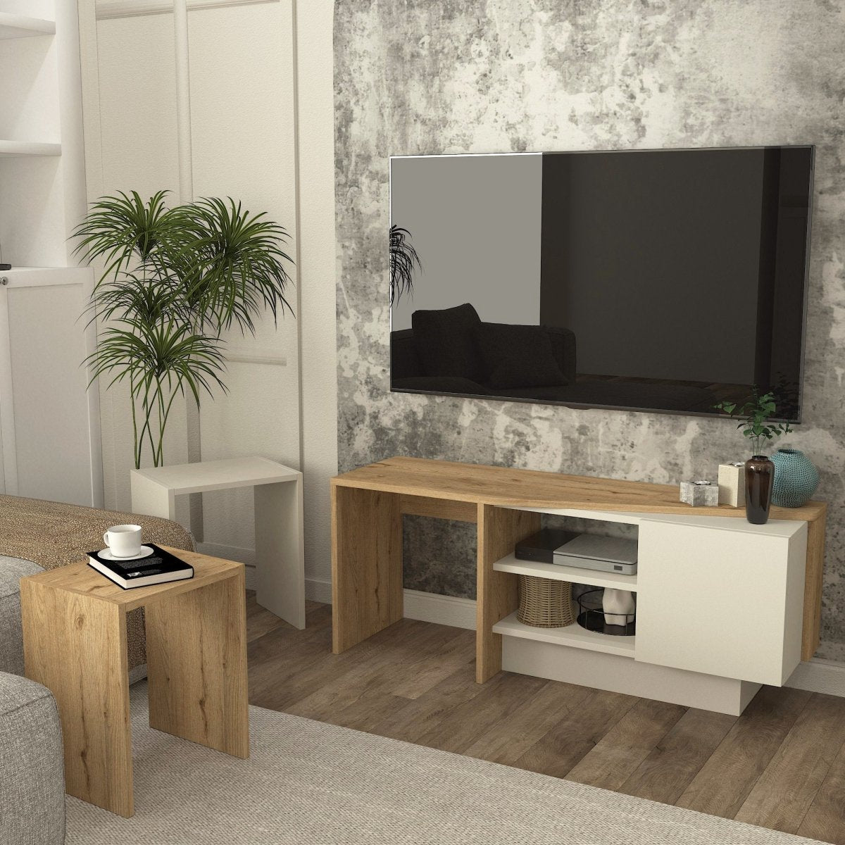 A modern TV stand media console with a light oak wood frame and white cabinet doors, styled in a living room setting with a wall-mounted TV and a potted plant.