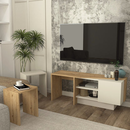 A modern TV stand media console with a light oak wood frame and white cabinet doors, styled in a living room setting with a wall-mounted TV and a potted plant.