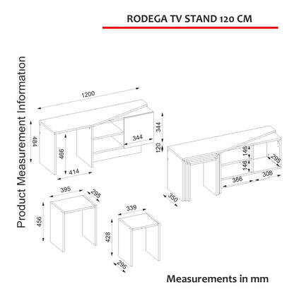 Technical measurement diagram of a RODEGA TV STAND 120 CM, showing multiple line-art views of the stand with dimension labels in millimeters on a white background.