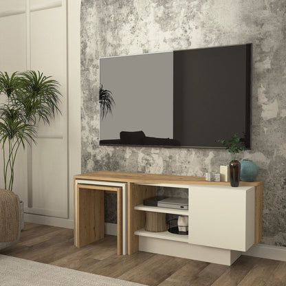 A modern TV stand console with a light oak wood top and white cabinet, mounted against a textured gray wall under a large wall mirror.