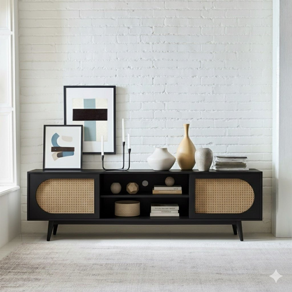 Sura Rattan Tv Unit Black 200cm - Urban Lifestyle Furniture