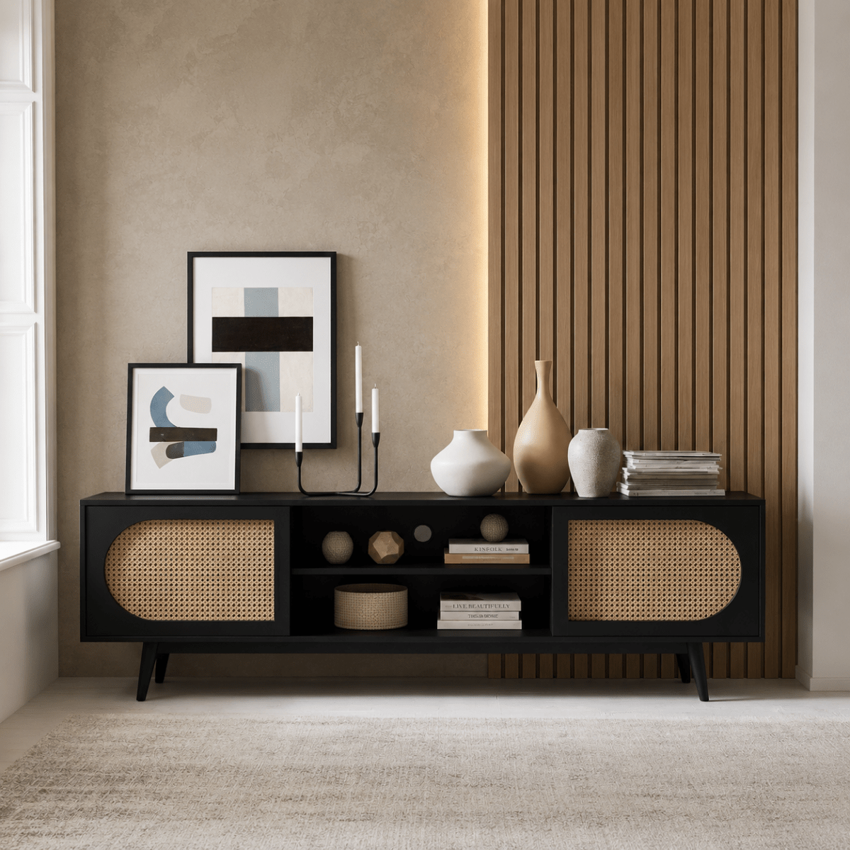 Sura Rattan Tv Unit Black 200cm - Urban Lifestyle