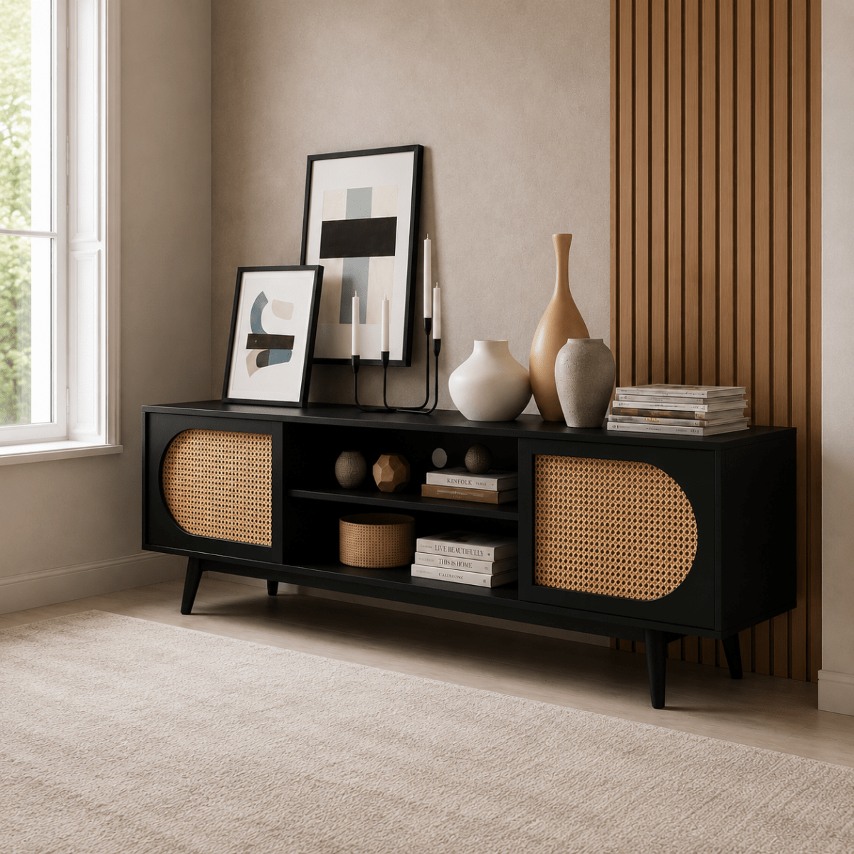 Sura Rattan Tv Unit Black 200cm - Urban Lifestyle