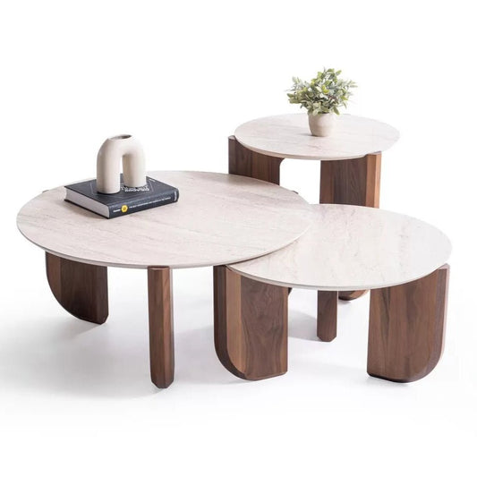 Thorin Walnut Travertine Coffee Table Set Of 3 - Urban Lifestyle Furniture