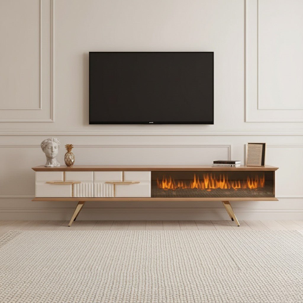 Tribe Wooden Fire TV Unit cream 200cm. Mid-century modern media console featuring a cream and wood body, two storage drawers with ribbed detail and gold pulls, and a wide built-in electric fireplace. The unit is supported by angled gold metal legs and sits beneath a mounted TV.