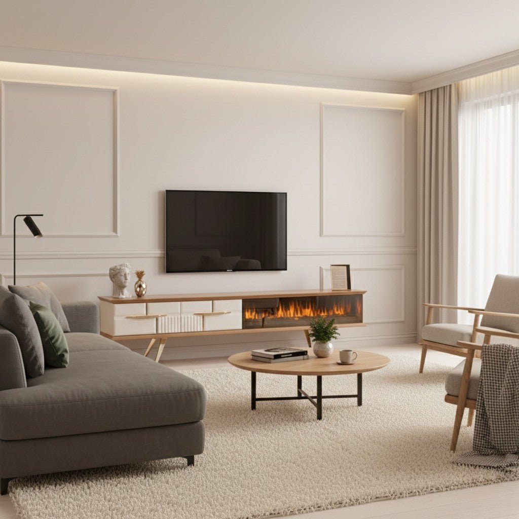 Tribe Wooden Fire TV Unit cream 200cm. Wide shot of the media console in a contemporary living room context, showing the wood and cream finish, gold angled legs, and the integrated electric fireplace below a mounted TV, placed between a grey sectional and two accent chairs.