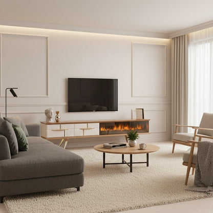 Tribe Wooden Fire TV Unit cream 200cm. Wide shot of the media console in a contemporary living room context, showing the wood and cream finish, gold angled legs, and the integrated electric fireplace below a mounted TV, placed between a grey sectional and two accent chairs.