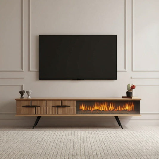 Modern light wood TV stand with storage drawers and an integrated electric fireplace below a mounted flat-screen TV, set against a paneled beige wall and shag rug.