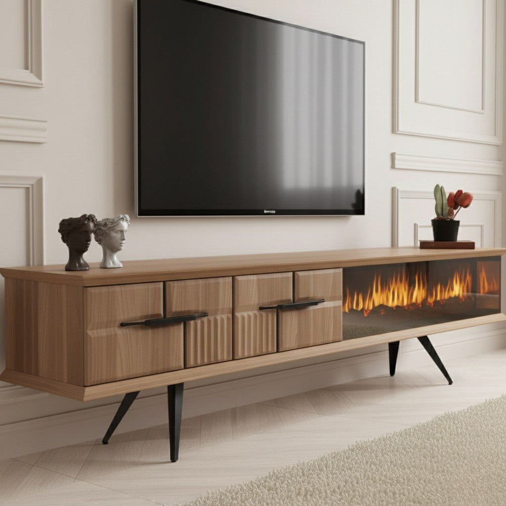 Tribe Wooden Fire TV Unit Walnut. This media console features two storage drawers with black horizontal handles (two smooth, two ribbed texture) and a built-in electric fireplace on the right, supported by angled black metal legs.