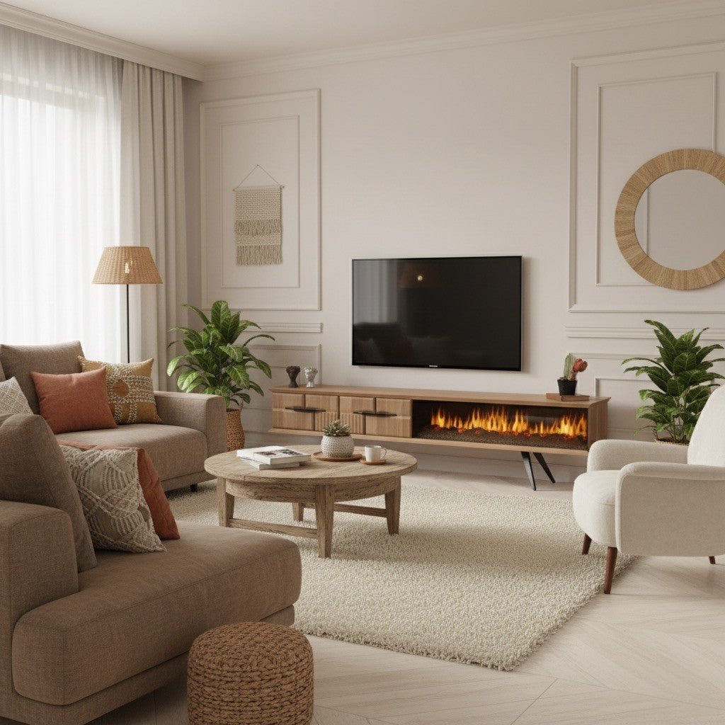 Neutral-toned living room with a brown sectional sofa, round wooden coffee table, a light wood media console with an electric fireplace, and a TV mounted on a paneled wall.