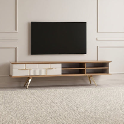 Tribe Wooden Tv Unit Cream 200cm. Wide media console featuring a wood frame and four cream-colored storage drawers with gold handles (two smooth, one ribbed texture), plus open shelving on the right, supported by angled gold metal legs beneath a wall-mounted TV.