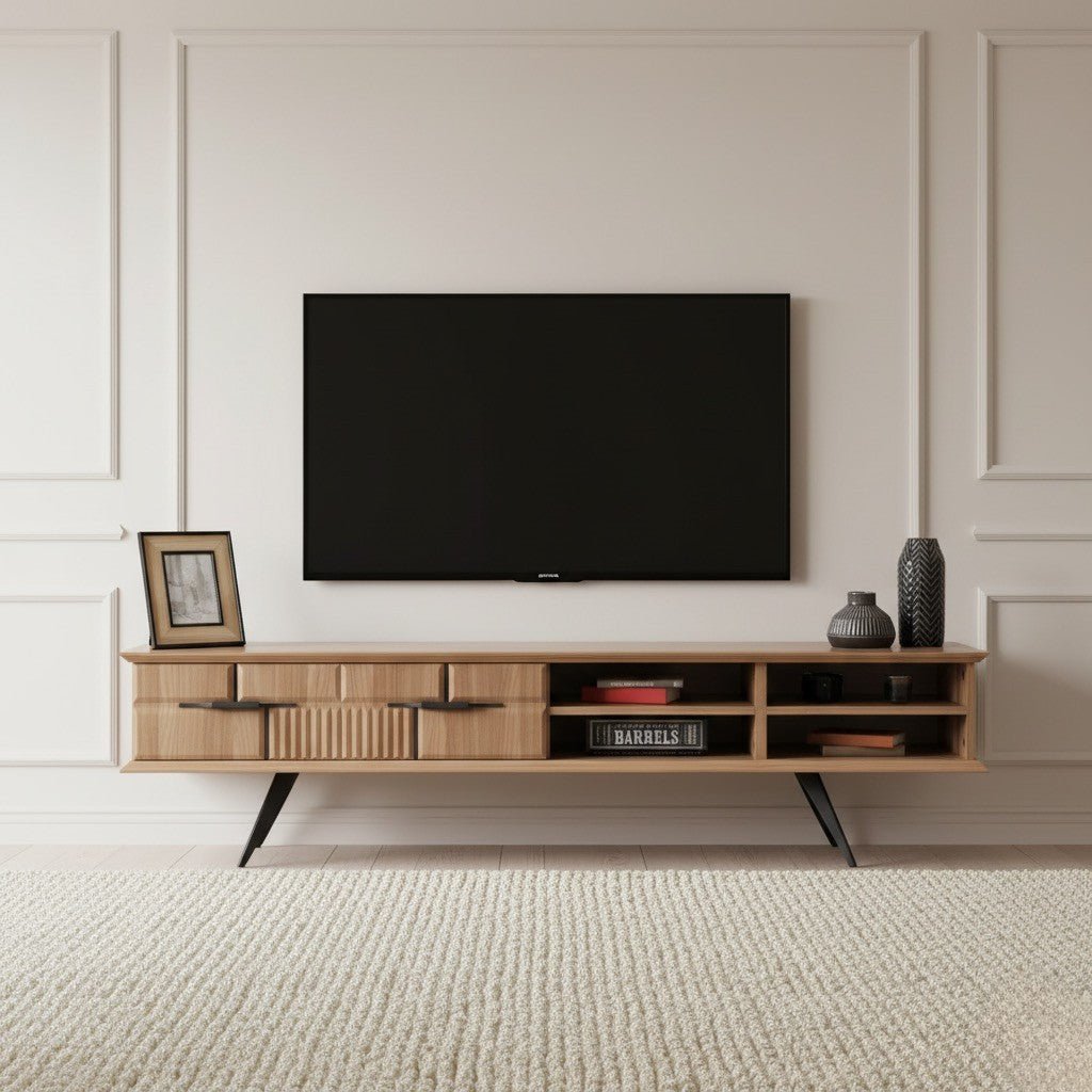 Tribe Wooden Tv Unit Walnut 200cm. Mid-century modern light walnut media console featuring two storage drawers (one smooth, one ribbed texture) with black pull handles, and multiple open shelves for storage, supported by black angled metal legs beneath a wall-mounted TV.