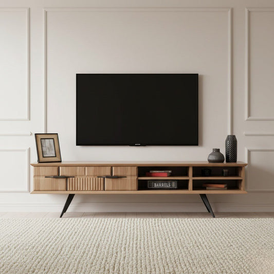 Tribe Wooden Tv Unit Walnut 200cm. Mid-century modern light walnut media console featuring two storage drawers (one smooth, one ribbed texture) with black pull handles, and multiple open shelves for storage, supported by black angled metal legs beneath a wall-mounted TV.