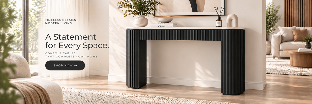 A modern black console table with a fluted front and tapered legs, shown in a bright, contemporary living room setting. The image includes promotional text on the left side.