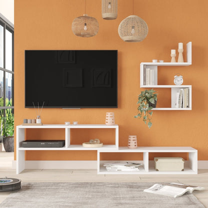 Modern living room with a TV mounted on an orange wall, white shelves, and decorative items.