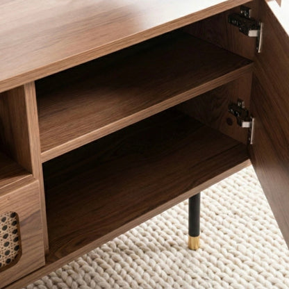 Wooden cabinet with open door revealing a shelf, on a textured floor.