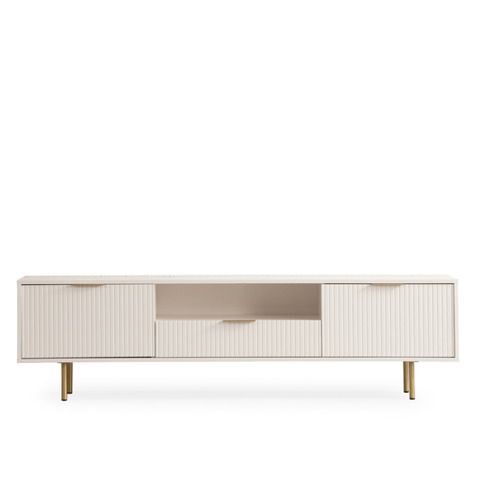 Modern cream tv stand with gold legs on a white background